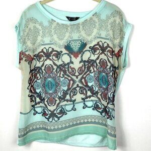 Coup De Coeur Teal Printed Short Sleeve Top Boho Blouse Bohemian Size Medium‎ M